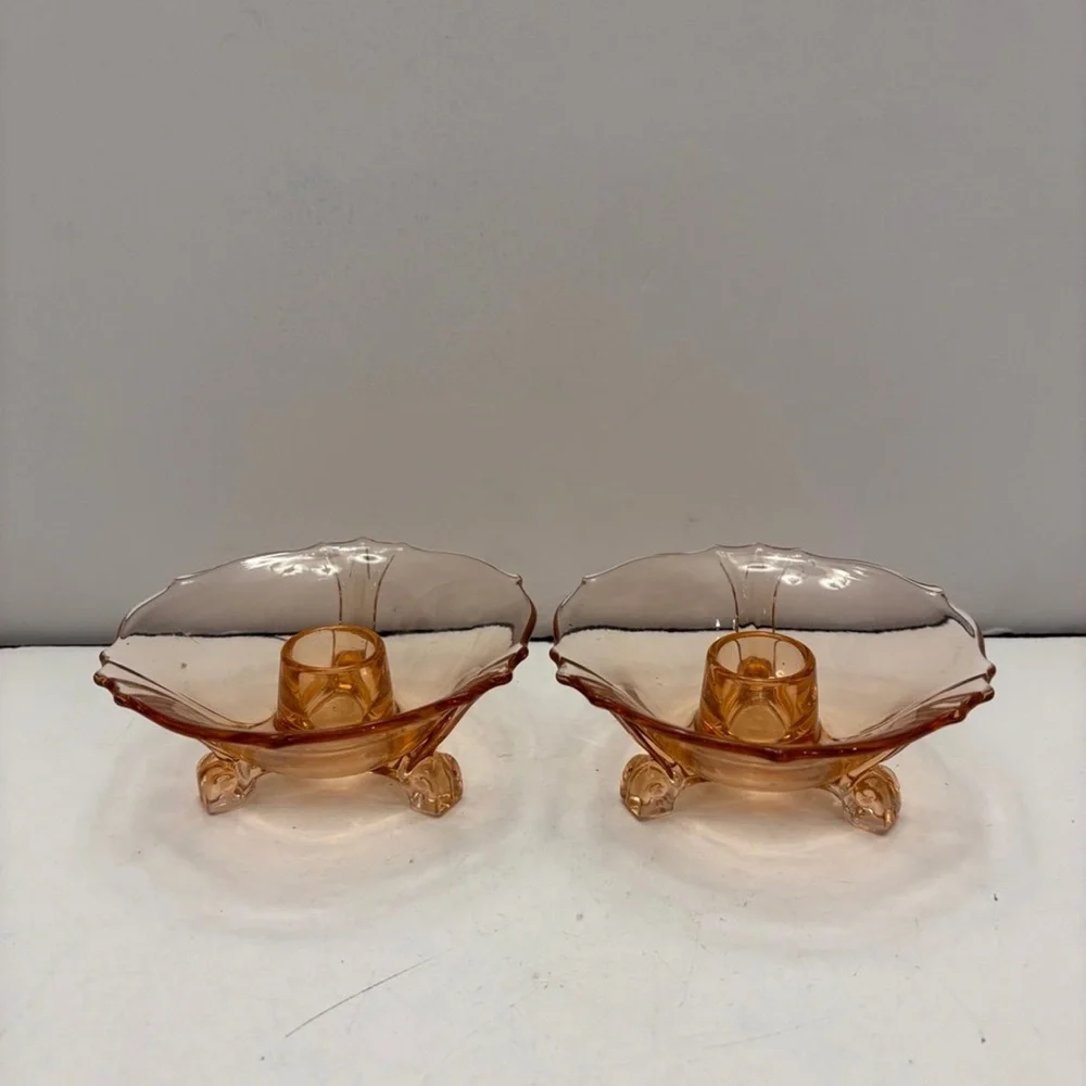 VINTAGE PINK FOSTORIA DEPRESSION GLASS CANDLESTICK HOLDERS, TRI-FOOTED